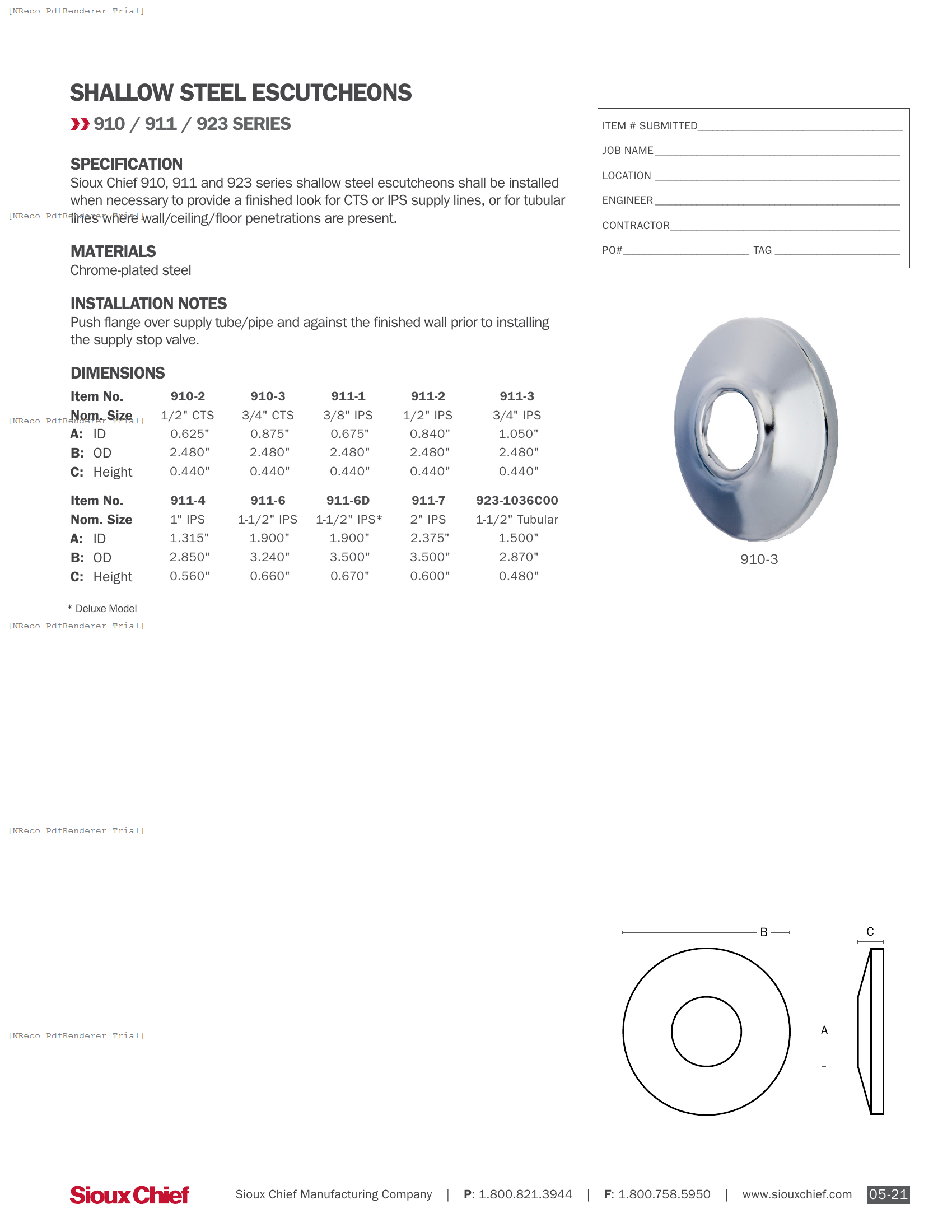 910, 911, 923 SERIES - SHALLOW ESCUTCHEONS - SPEC SHEET.PDF Specification Document